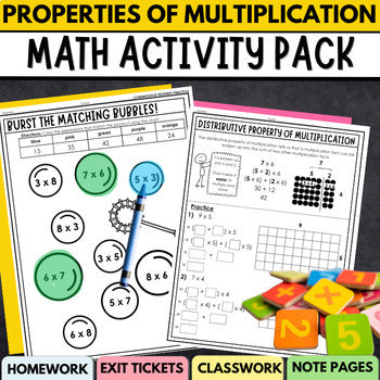 Properties of Multiplication Practice Worksheets, Notes, Exit Tickets